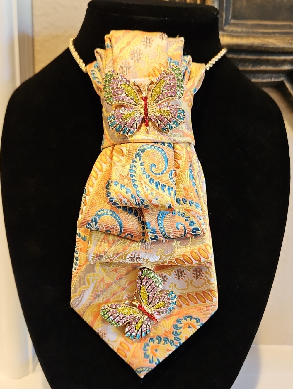 Multicolor Yellow, Orange & Turquoise Necktie Necklace w/ Crystal Butterfly Pins